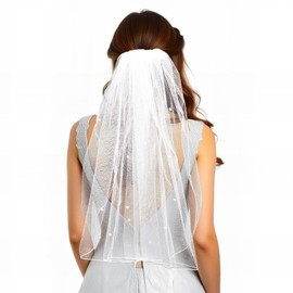 KFHENSOMR Short Wedding Bridal Veil Elegant White Wedding Veil Pearl Rhinestone Mini Bride Veils with Comb Fingertip Length Bridal Veils Accessories for Bachelorette Party Brides Women
