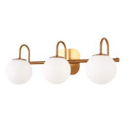 ZHUOER Modern Bathroom Vanity Light Fixtures 3 Lights Brushed Brass Frame and Milk White Glass Globe Shade Modern Wall Sconce Lighting Bath Vanity Lights Bar Over Mirror (Exclude G9 Bulb)