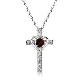 B. BRILLIANT Sterling Silver Garnet and White Topaz Heart in Cross Necklace for Women