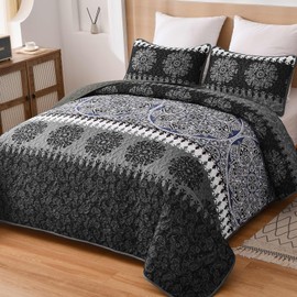 Xruibed Grey Quilt Set Queen Bohemian Striped Quilt Coverlet Set 3 Pieces Boho Patchwork Bedspread with 2 Pillow Shams Elegant Soft Bedding Quilt Set for Teens Adults 96"x 90"