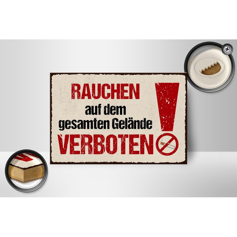 Femer Holzschild Hinweis 12x18 cm Rauchen auf dem gesamten Gelände