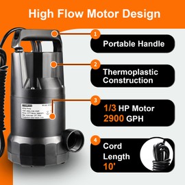 WASSERMANN 1/3HP Submersible Water Pump-Oil Free Design with 10 FT Power Cord,2900GPH Thermoplastic Utility Portable Transfer Pump Clean Water Removal Drain Pump for Swimming Pool Garden Basement