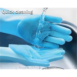 PEOKPIPLE 2 pairs Silicone Dishwashing & Pet Grooming Gloves - 2-in-1 Heat Resistant Gloves with High-Density Teeth, Enhanced Five Finger Design for Bathing, Cleaning Dishes, Cars, Dogs & Cats (Blue)