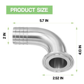 Goldpea Stainless Steel 304 Sanitary Hose Fitting Single Barb 90 Degree Elbow 2" Barbed with 2" Tri-clamp (64mm OD Ferrule) & 1pc SS304 Hose Clamp