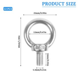 Eye Bolt M6, Pack of 12 Eye Bolts 304 Stainless Steel with Nuts and Washers Eye Bolt Rustproof Hardware Eye Bolts for Roll of Fixing and Hanging