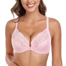 Lemorosy Women's Front Closure Bra Flower Lace T-Back Unpadded Plus Size Everyday Underwire(Pink,44D)