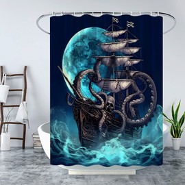 Nautical Octopus Shower Curtain Ocean Animal Sea Wave Kraken Attack Pirate Sailboat Ship Octopus Tentacles Under Moon Starry Sky Fabric Bathroom Curtain with Hook