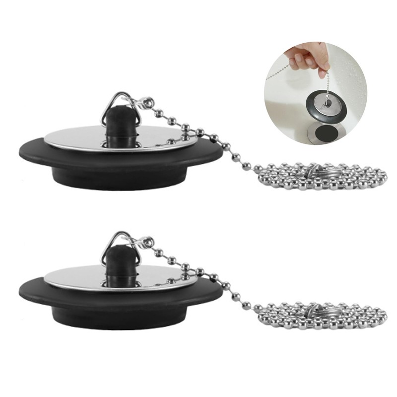 2-Pack Heavy-Duty Rubber Sink Plug with Chain | Universal Black