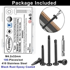 FandWay 100 Pcs Torx Self Tapping Screws for Metal,M4.2x32mm Round Head Self Drilling Screws,Torx Pan Head Tek Screw 410 Stainless Steel Black Coating Sheet Metal Screw With T20 Bits For Alu Steel.