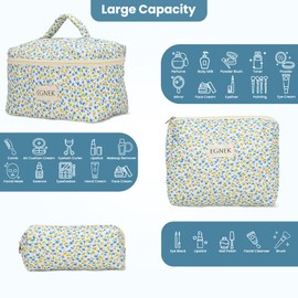 egnek 3 Piece Quilted Makeup Bag with Cute Ditsy Floral for Travel, Toiletry Pouch, and Cute Cosmetic Bags, Compact Design and Stylish