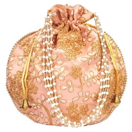Purpledip Potli Bag (Clutch, Drawstring Purse) For Women With Intricate Gold Thread & Sequin Embroidery Work, Orange Vines, Large