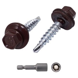 (Pack of 50 pcs) Metal Roofing Screws, 3/16 x 1-3/8 (4.8 x 35 mm) Painted Self-Drilling Screws with EPDM Washers, Sheet Metal Hex Screw, Chocolate Brown RAL 8017