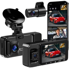 LECTRUS 3 Channel 4k Dash Cam Front and Rear and Inside, Car Mount Dash Camera with WiFi, 64GB Card, Night Vision, App Control, Loop Recording, G-Sensor, 24h Parking Mode, 3" IPS Screen