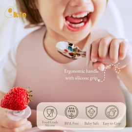 Qkie Toddler Utensils, Toddler Forks and Spoons, Baby Spoons Self Feeding, Stainless Steel Baby Silverware with BPA Free Silicone Easy Grip, 8 Months+ (Dusty Rose)