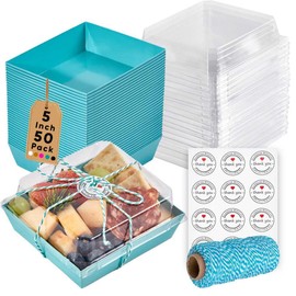Leafiew 50 Pack Small Charcuterie Boxes with Clear Lids - To Go Paper Mini Charcuterie Box, Disposable Food Containers, 5Inch Dessert Boxes - Sandwich, Cookie, Sushi, Cake Slice, Strawberries (Blue)