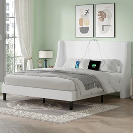 VECELO Queen Bed Frame with Upholstered Wingback Headboard, Heavy-Duty Platform Bedframe with Charging Station & Side Pockets, No Box Spring Needed, White