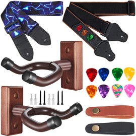 KKG Guitar Wall Mount,Guitar Strap Wood Guitar Hanger for Safe Storage and Display Sturdy Wall Hanger for Acoustic Electric Guitar Bass Banjo Mandolin (B:2 Hanger& 2 Strap)