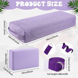 PullCrease 4 Pcs Yoga Bolster Pillows Yoga Blocks with Strap Set Comfortable Meditation Pillow for Restorative Yoga Non Slip Reusable Yoga Blocks for Balance Yoga, Pilates(Purple)