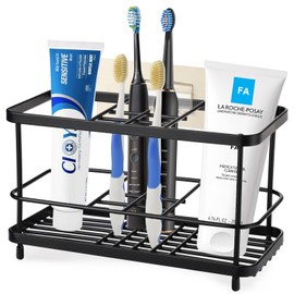 Toothbrush Holders for Bathrooms, 7 Slots Stainless Steel Toothbrush Toothpaste Holder, Bathroom Accessories Organizer Accessories with Tray for Countertop & Sink Black