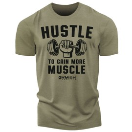 Hustle to Gain More Muscle Workout Tees Men, Gym Lifting Motivational, Green, SM