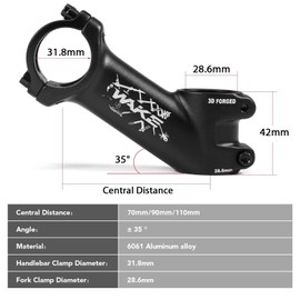 goucrro Bike Stem 31.8 mm MTB Bicycle Stem 70mm/90mm/110mm 35 Degree Bike Stem Riser Handlebar Stem for Most Road Bike Stem, MTB Stem, BMX Stem(31.8 x 70mm)