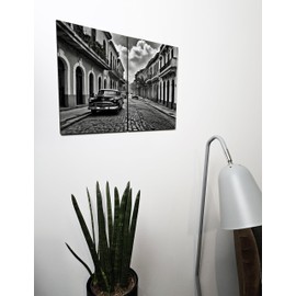 The Plum Penguin Cuban Street Scene Wall Art, Dual A4 Wood MDF Panels, Monochrome Home Decor Canvas Alternative 40 x 30cm