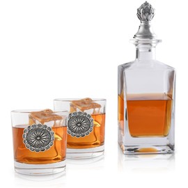 Arthur Court Western Concho Liquor Decanter Set with Pair of Concho Glasses 750 ml Groomsmen Gifts, Wedding Gifts For Couple, Bar Décor, Or Man Cave Décor