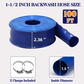 Poolergetic 1 1/2 IN x 100 FT Pool Backwash Hose, Heavy-Duty PVC Lay Flat Hose, Weatherproof Burst Resistant, Pool Drain Hose for Water Transfer, Sump Pump, Pool Drain, with 2 Clamps