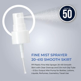 PP Plastic Fine Mist Sprayer 20-410 Smooth Skirt with Clear Overcap and 3.54 Inch Dip Tube – 0.12cc Output Mist Pump for Bottles, Lotions, Liquids, Perfumes, Cosmetics, Travel Use - Pack of 50 - White