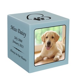 Mainely Urns Stonewood Custom Pet Photo Cremation Urn Cube for Pet Ashes - Composite Wood Pet Urn for Dog Ashes or Cat Ashes - 15 Cubic Inch Capacity - Customization Included