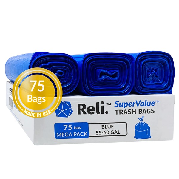 Reli. SuperValue 55-60 Gallon Recycling Bags | 75 Count | Blue Trash Bags