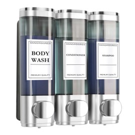 Kazaigou Shampoo and Conditioner Dispenser, 3 IN 1 Wall Mounted Shower Soap Dispenser, No Drill Shampoo Pump Dispenser for Shower Bathroom Hotel, 3 * 300ml with Labels