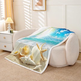 Erosebridal Manta temática de playa azul océano para camping, viajes, conchas marinas, estrellas de mar, manta de forro polar estampada tamaño playa manta de sherpa para niños, adolescentes y adultos, suave