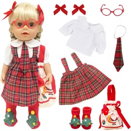 Baby Doll Clothes for 14-18 Inch Doll 35-45cm Baby Doll, 9Pcs Baby Doll Outfits with Red Plaid Overall Dress, Tie, Hair Clip, Glasses, Christmas Stocking, Bag for Christmas, Winter Holiday