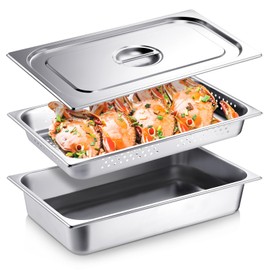 Ferraycle 3 Pack Full Size 2.6 Inch, 4 Inch Hotel Pan with Lid Perforated Steam Table Pan Restaurant Supplies for Kitchen, Steam Table Tray for Food Warmer