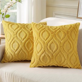 decorUhome Set of 2 Faux Fur Cushion Covers 40x40 cm, Decorative Soft Plush Fluffy Velvet Cushion Cover 16X16 Inch, Square Boho Neutral Pillow case for Sofa, Mustard Yellow