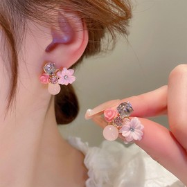 Stocking Stuffers Flower Earrings for Women Pink Flower Stud Earrings Rhinestone Bead Purple Flower Earrings for Teen Girls