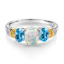 925 Sterling Silver and 10K Yellow Gold Oval White Opal Swiss Blue Topaz and White Diamond 3 Stone Ring For Women (2.13 Cttw, Gemstone October Birthstone, Available In Size 5, 6, 7, 8, 9)