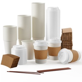 [100 Pack] 12 oz Paper Coffee Cups, Disposable Paper Coffee Cup with Lids, Sleeves, and Stirrers, Hot/Cold Beverage Drinking Cup for Water, Juice or Tea, Suitable for Home, Shops and Cafes
