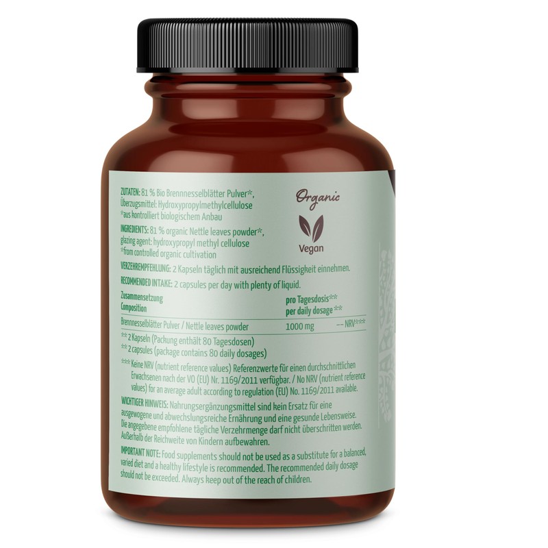 Organic nettle capsules, pack of 160, high dosage with 500