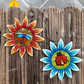 2 PCS Metal Sunflower Garden Ornaments Outdoor,3D Colorful Wall Art Hanging Decoration Wall Sculptures with Dragonfly&Ladybug Pattern,for Outside Garden Shed Fences Yard Decor