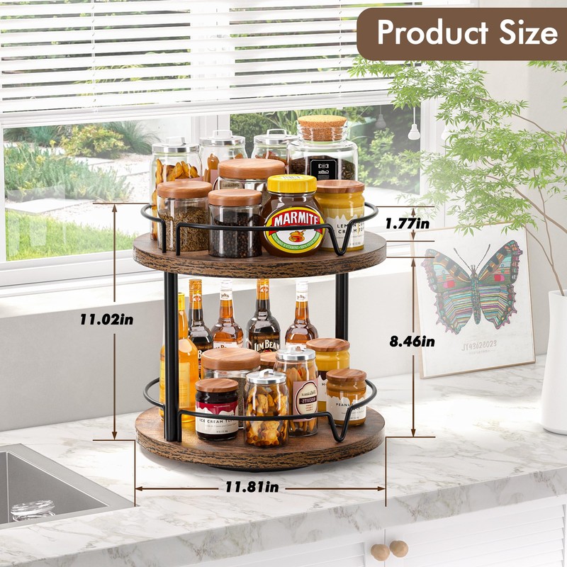 2 Pack 2 Tier Lazy Susan Organizer Wooden Rotating Spice