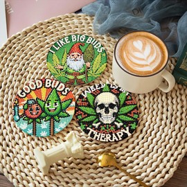 8 Pcs Gnome Leaf Diamond Art Coasters Kits with Holder, Weed Buds Diamond Painting Coasters Kits for Adults, DIY 5D Diamond Dots Small Mini Kit Full Drill Art Craft Supplies 4X4 Inch