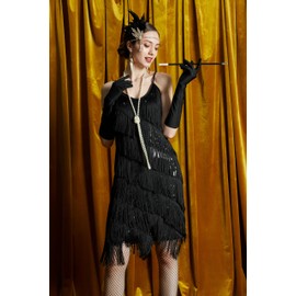 Gionforsy 1920s Flapper Dress Sequins Gatsby Dress Roaring 20s Costume Accessories Set (Multi Fringe-Black, X-Large)