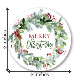 2" Round Greenery Wreath Merry Christmas Stickers (40 Labels)