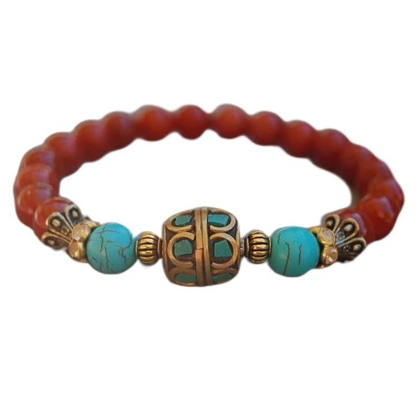 LKBEADS Unisex Gem Red Agate & Turquoise 8 mm Round