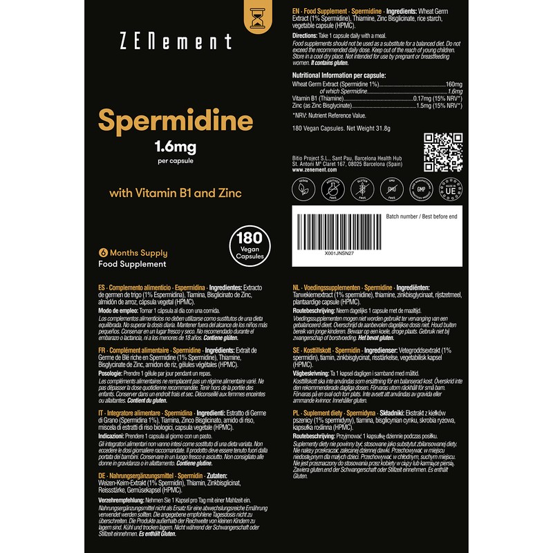 Spermidine, 180 Capsules | 1.6mg per Capsule, with Vitamin B1