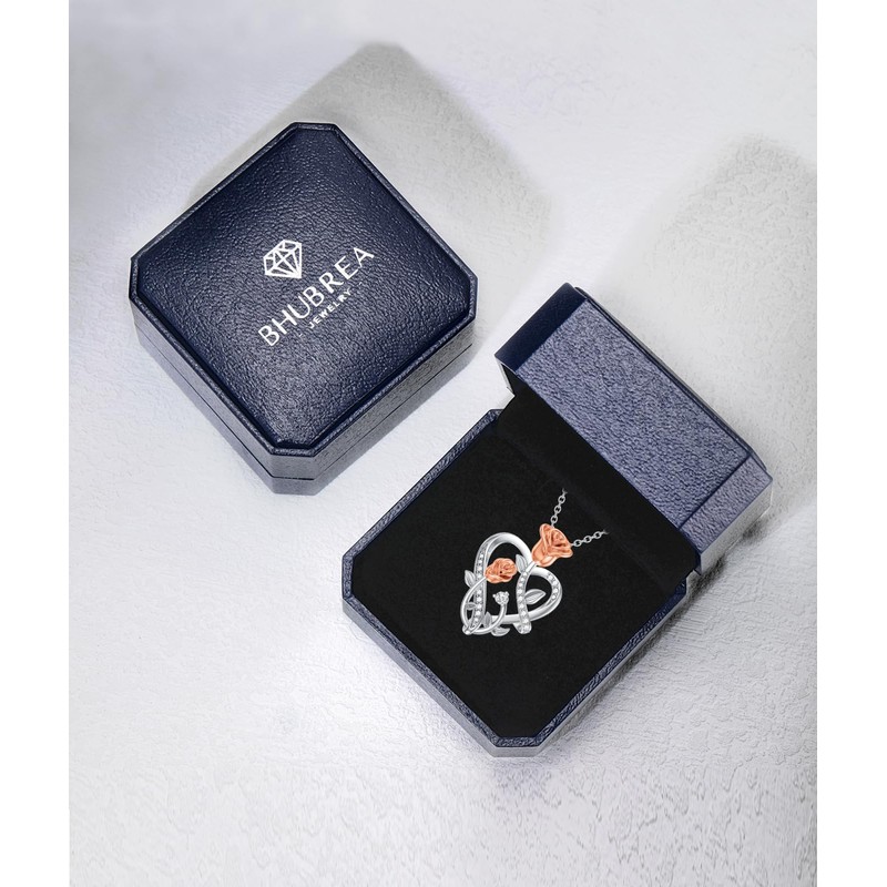 BHUBREA 1/14 Carat Diamond Rose Heart Necklace for Women 925