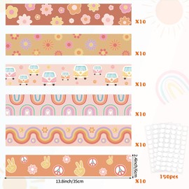 Abilat 69Ft Groovy Bulletin Board Borders 60 Sheets Boho Straight Border Strips Retro Hippie Classroom Decor Daisy Rainbow Hippie Bulletin Board Stickers for School Classroom Office Decorations