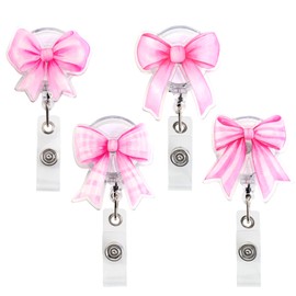Cheerupp 4 Pcs Pink Bow Theme Badge Reel with Swivel Alligator Clip and Retractable Cord, Gingham Bow Acrylic ID Tag Card Holder Clip Accessories for Teachers, Nurse Doctors Office Workers